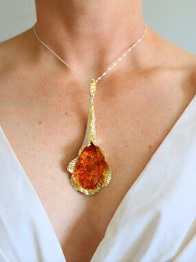 Cognac Baltic Amber Tulip Necklace in 14K Gold Plated Sterling Silver